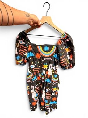 Nooworks Black Multicolor Magic Pattern Puff-Sleeve Dress